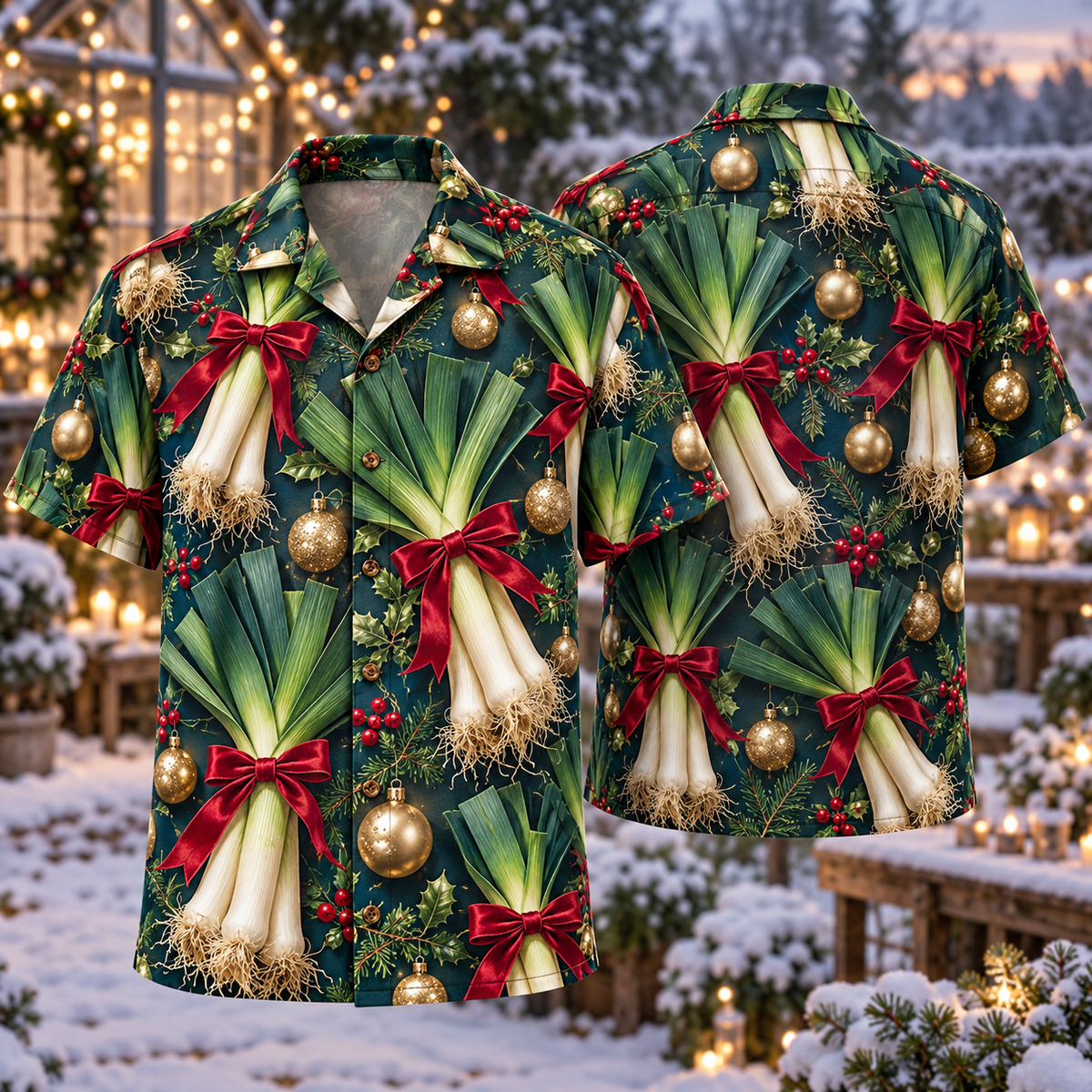 AlohaVero Christmas leeks Hawaiian shirt, front and back views