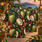 AlohaVero Christmas soursops Hawaiian shirt, front and back views