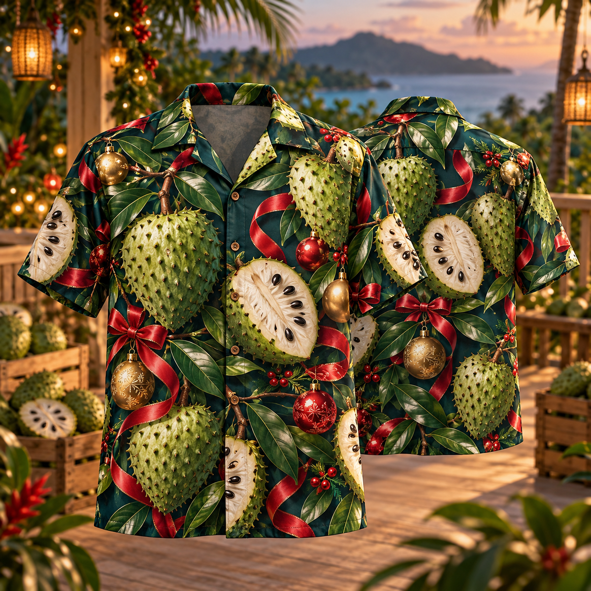AlohaVero Christmas soursops Hawaiian shirt, front and back views
