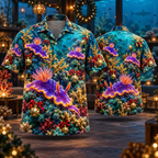 AlohaVero Christmas nudibranchs Hawaiian shirt, front and back views