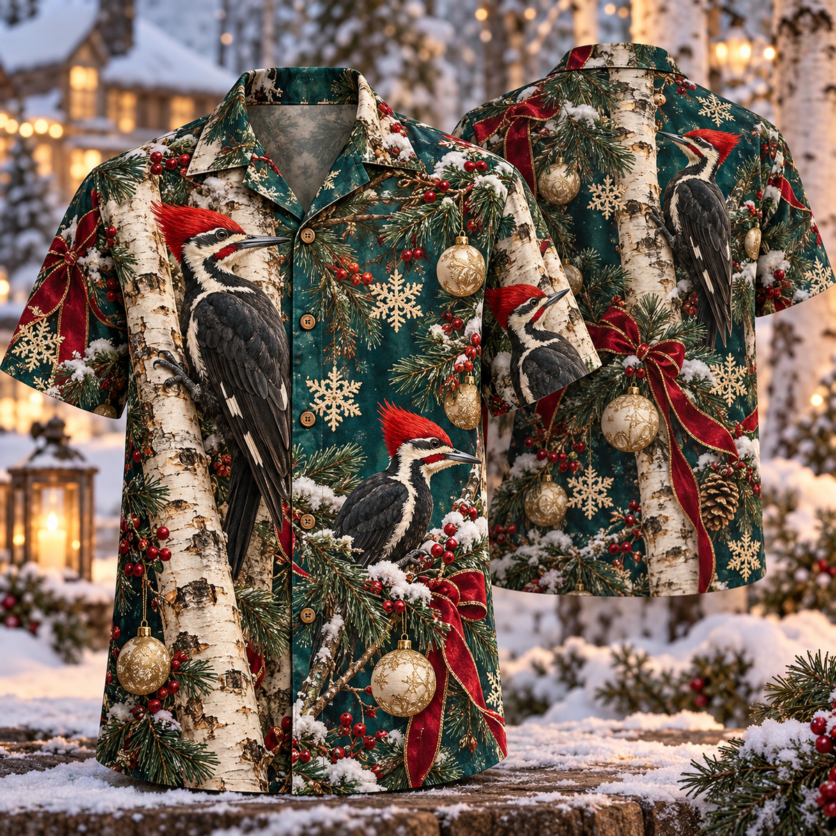 AlohaVero Christmas woodpeckers Hawaiian shirt, front and back views