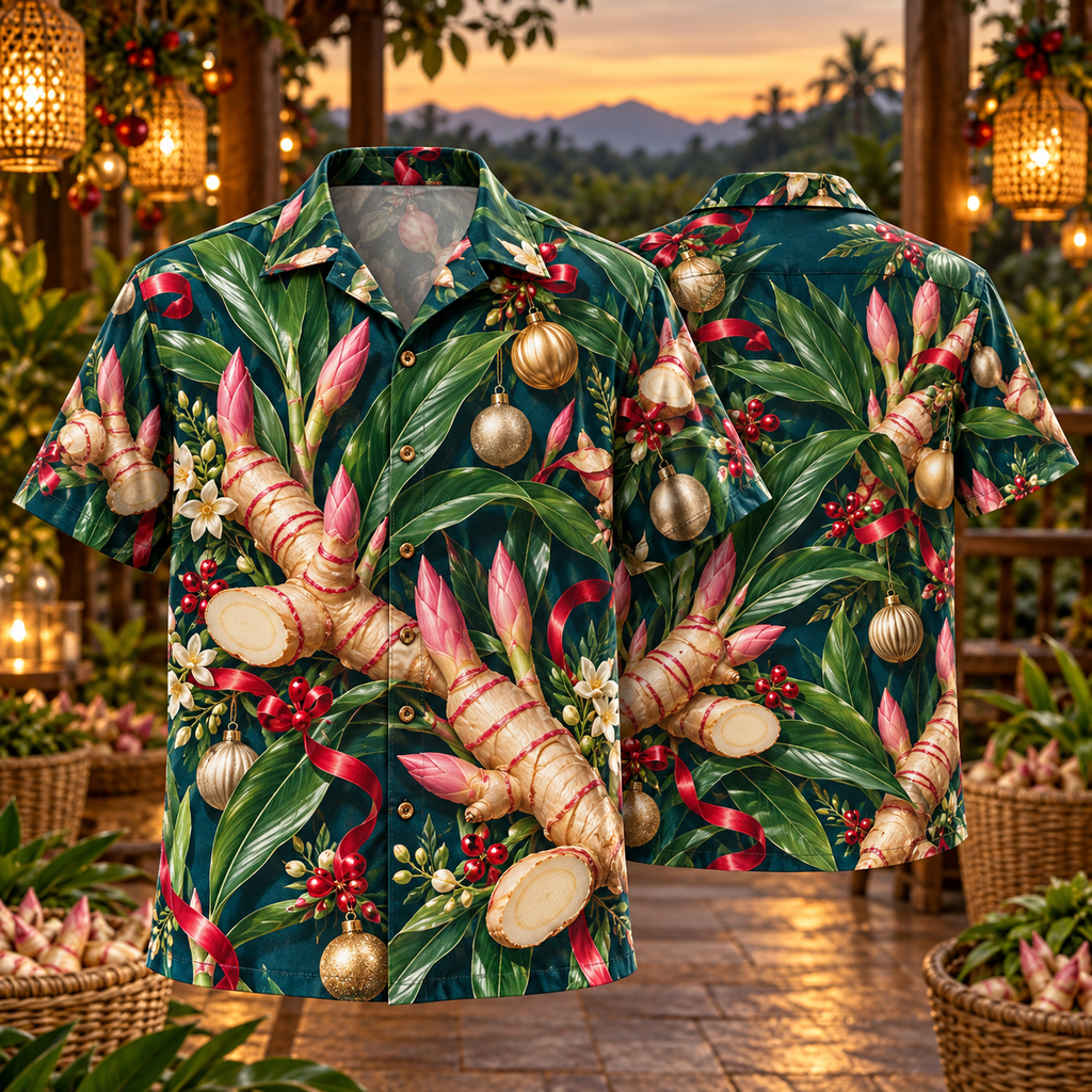 AlohaVero Christmas galangal Hawaiian shirt, front and back views