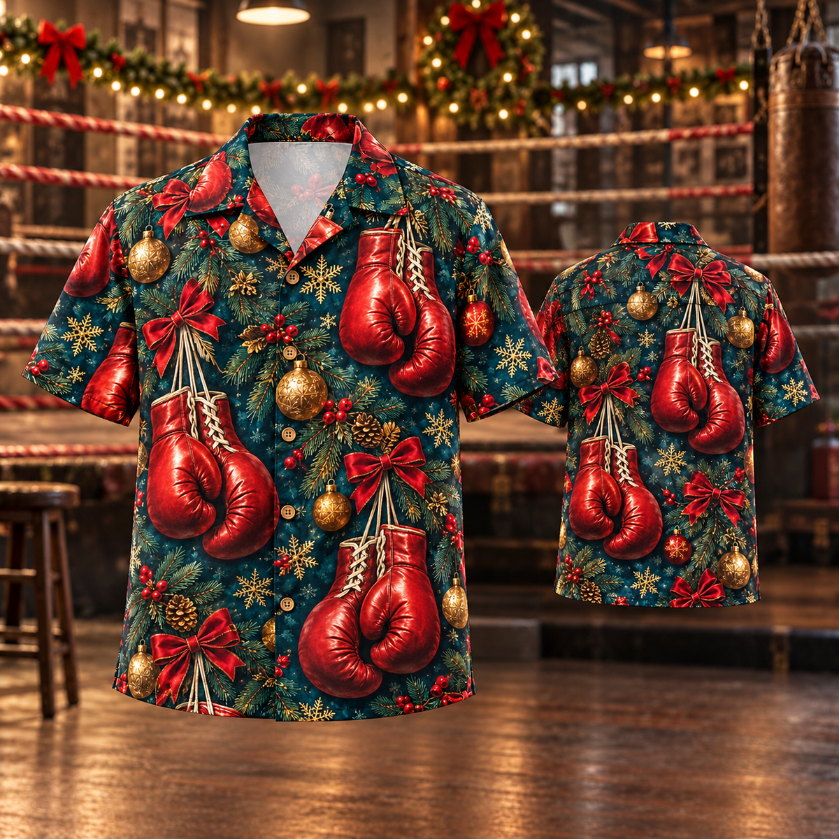 AlohaVero Christmas boxing Hawaiian shirt, front and back views