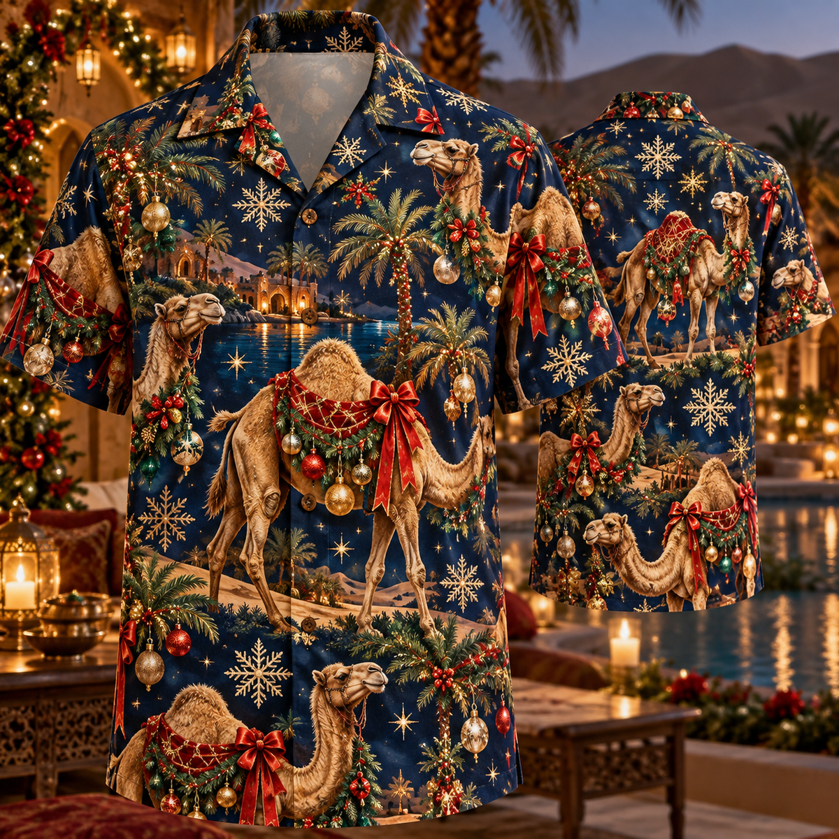 AlohaVero Christmas camels Hawaiian shirt, front and back views