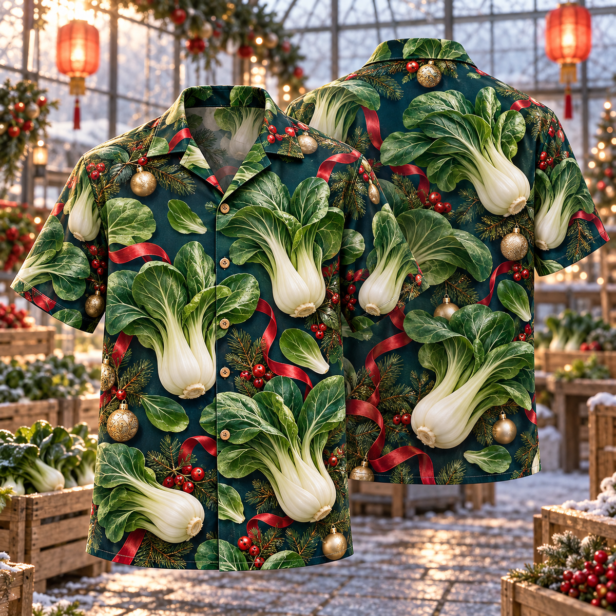 AlohaVero Christmas bok choy Hawaiian shirt, front and back views