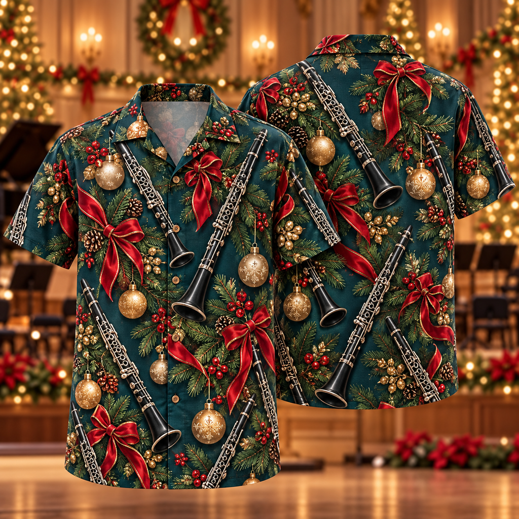 AlohaVero Christmas clarinets Hawaiian shirt, front and back views