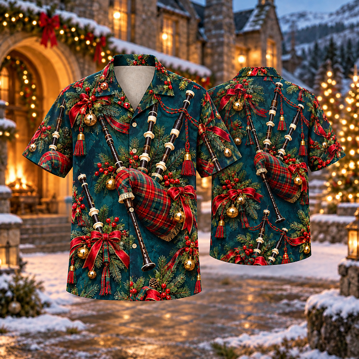 AlohaVero Christmas bagpipes Hawaiian shirt, front and back views