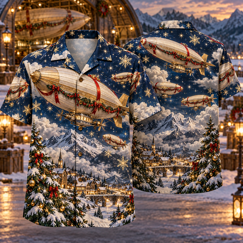 AlohaVero Christmas airships Hawaiian shirt, front and back views