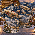 AlohaVero Christmas airships Hawaiian shirt, front and back views