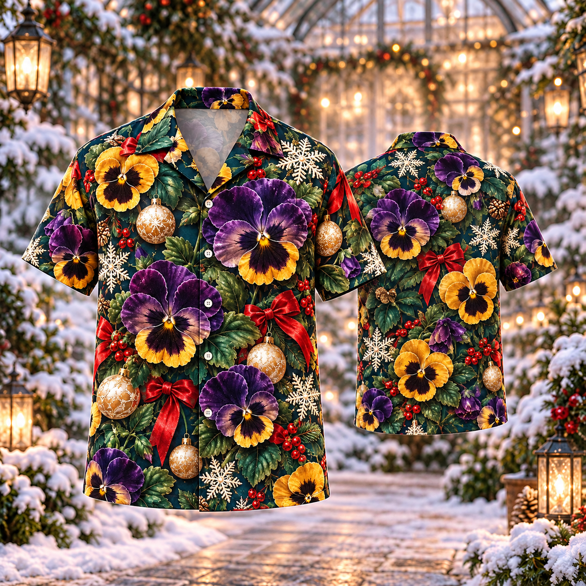AlohaVero Christmas pansies Hawaiian shirt, front and back views