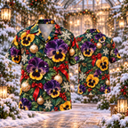 AlohaVero Christmas pansies Hawaiian shirt, front and back views