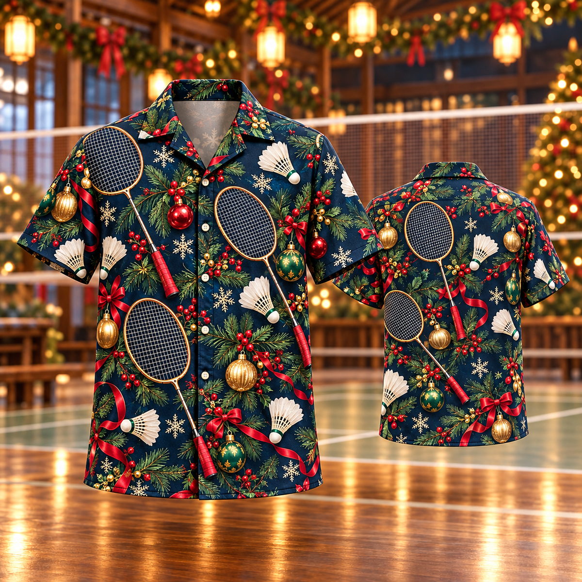 AlohaVero Christmas badminton Hawaiian shirt, front and back views