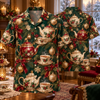 AlohaVero Christmas teapots Hawaiian shirt, front and back views