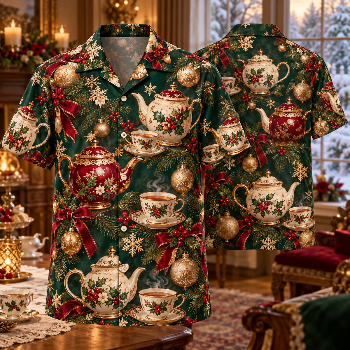 AlohaVero Christmas teapots Hawaiian shirt, front and back views