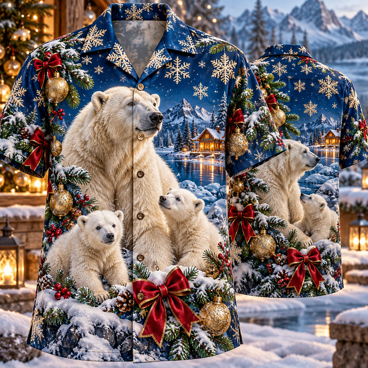 AlohaVero Christmas polar-bears Hawaiian shirt, front and back views