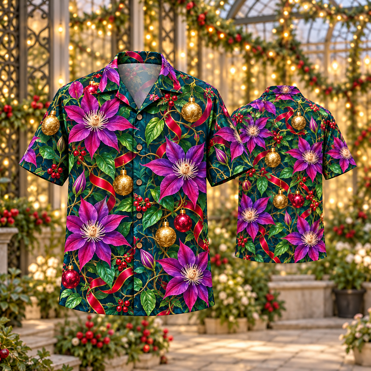 AlohaVero Christmas clematis Hawaiian shirt, front and back views