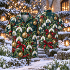 AlohaVero Christmas snowdrops Hawaiian shirt, front and back views