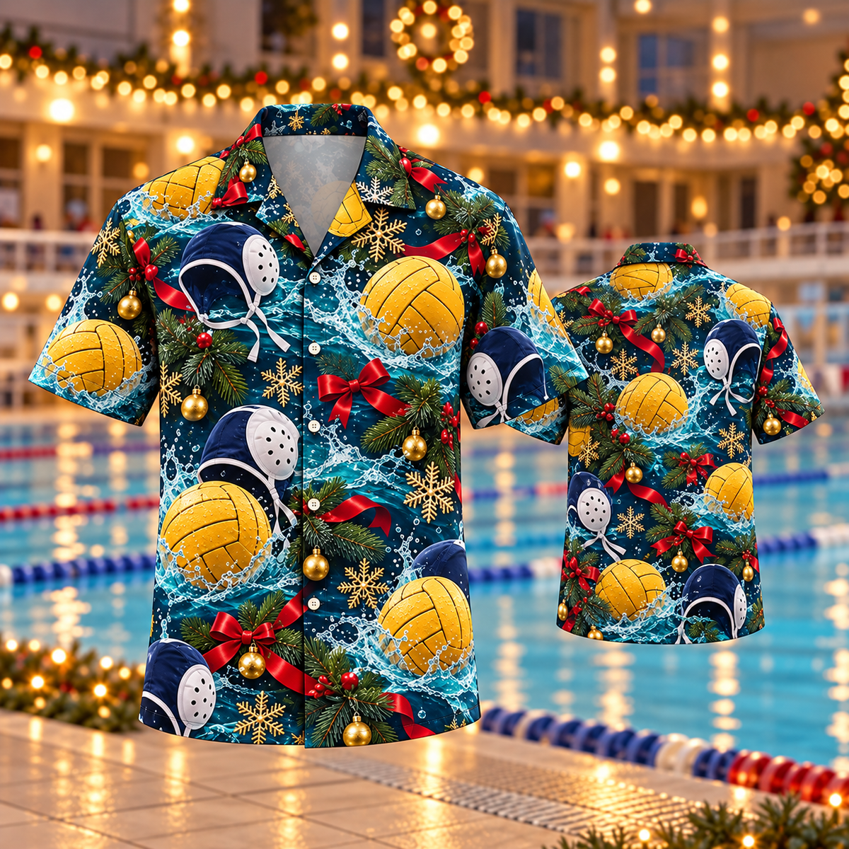 AlohaVero Christmas water-polo Hawaiian shirt, front and back views