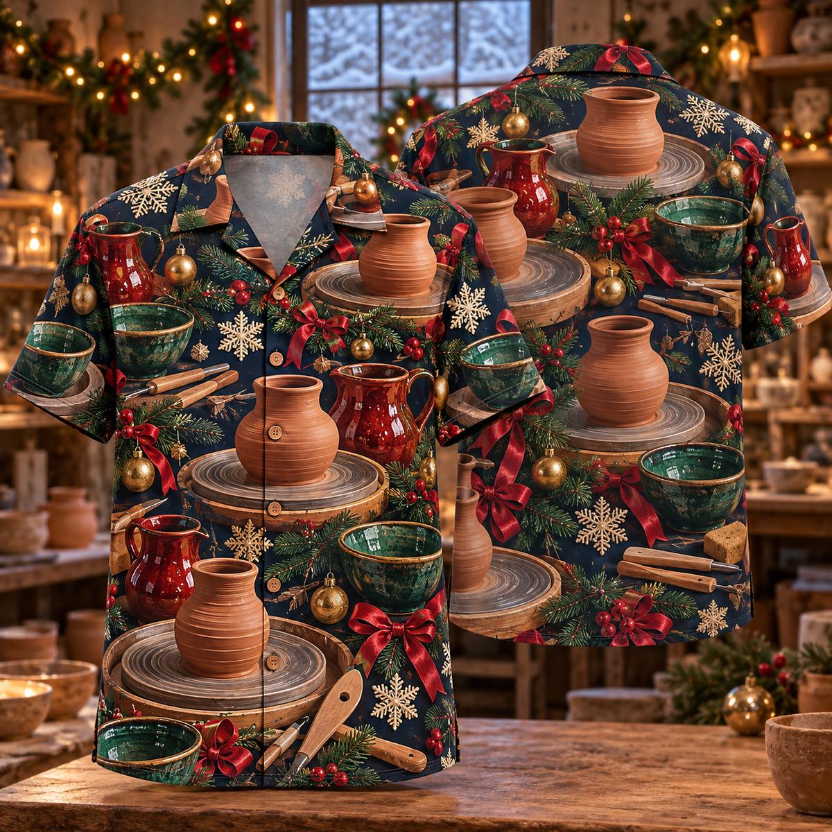 AlohaVero Christmas pottery Hawaiian shirt, front and back views