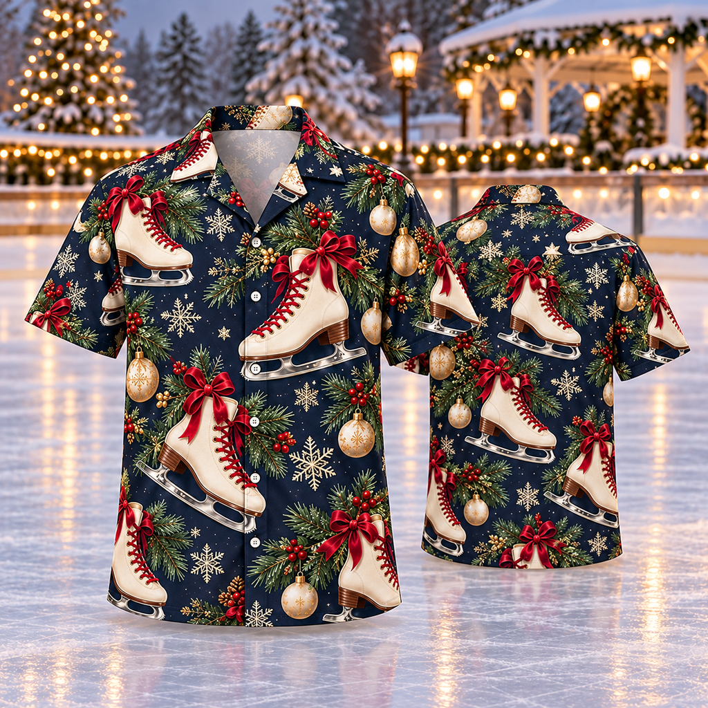 AlohaVero Christmas ice skates Hawaiian shirt, front and back views