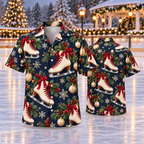 AlohaVero Christmas ice skates Hawaiian shirt, front and back views