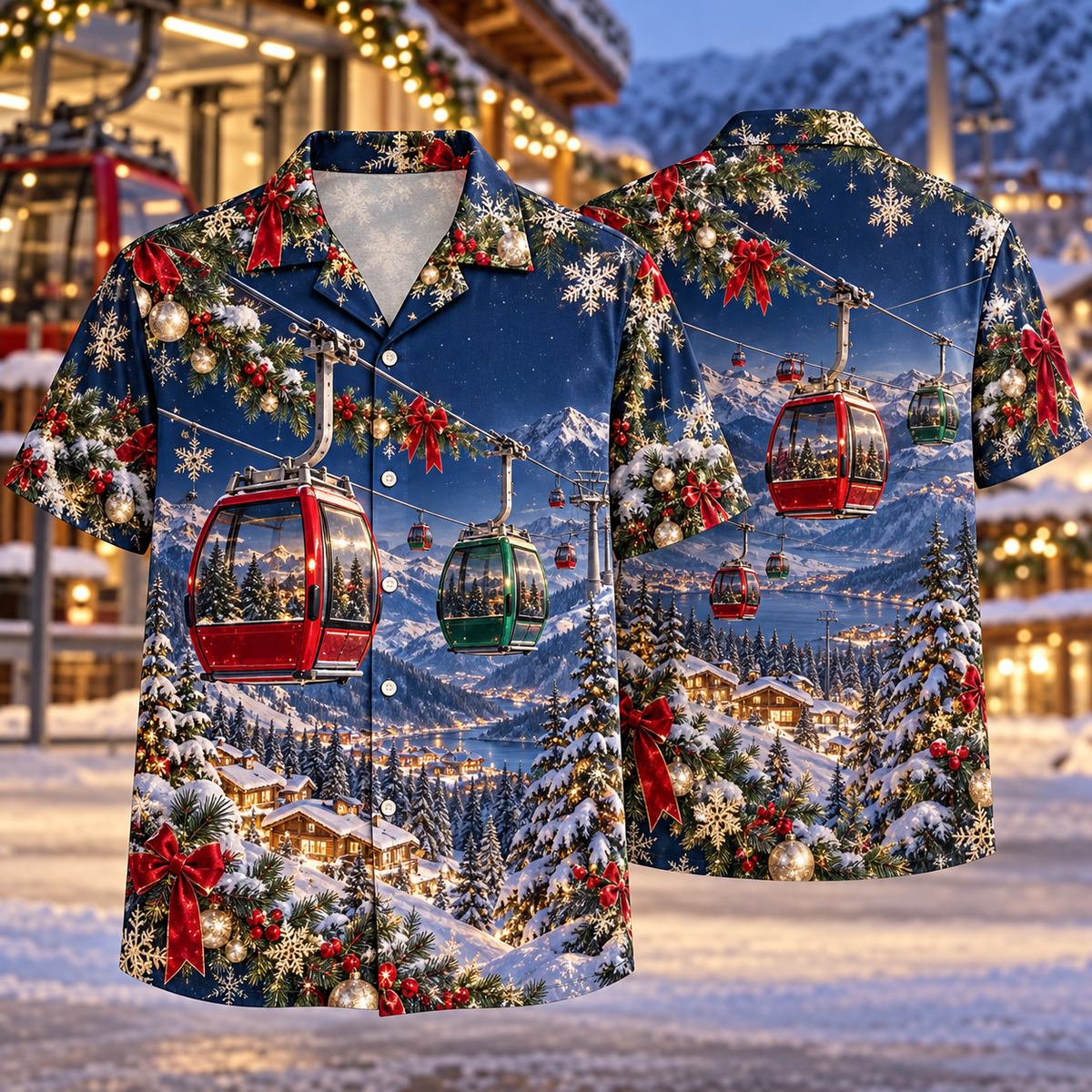 AlohaVero Christmas cable cars Hawaiian shirt, front and back views