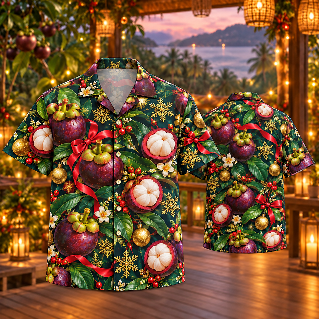 AlohaVero Christmas mangosteens Hawaiian shirt, front and back views