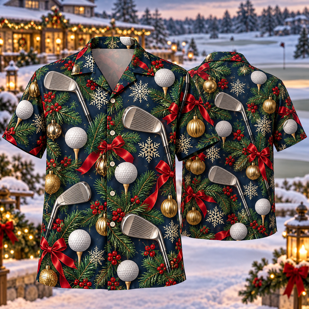 AlohaVero Christmas golf Hawaiian shirt, front and back views