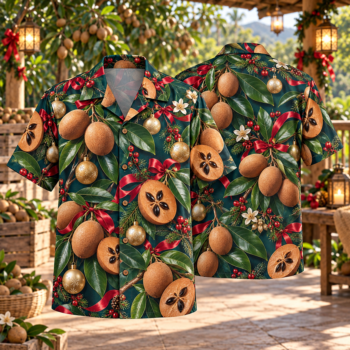AlohaVero Christmas sapodillas Hawaiian shirt, front and back views