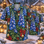 AlohaVero Christmas delphiniums Hawaiian shirt, front and back views