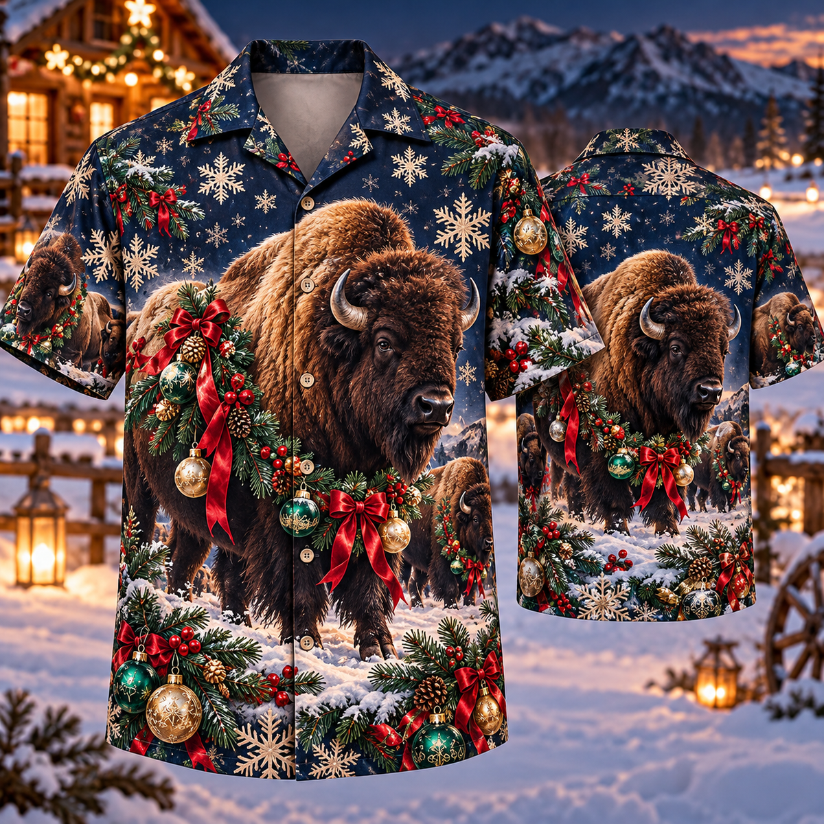AlohaVero Christmas bison Hawaiian shirt, front and back views