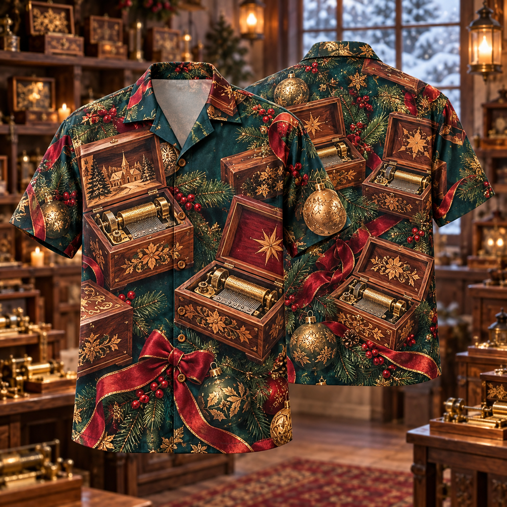 AlohaVero Christmas music boxes Hawaiian shirt, front and back views