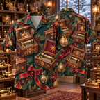 AlohaVero Christmas music boxes Hawaiian shirt, front and back views