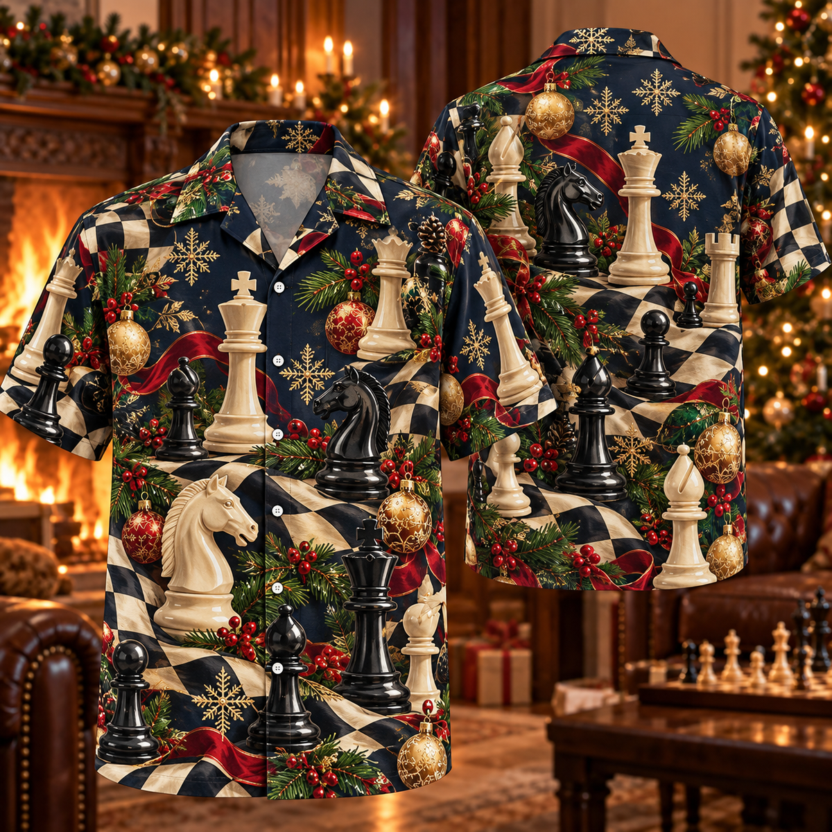 AlohaVero Christmas chess Hawaiian shirt, front and back views