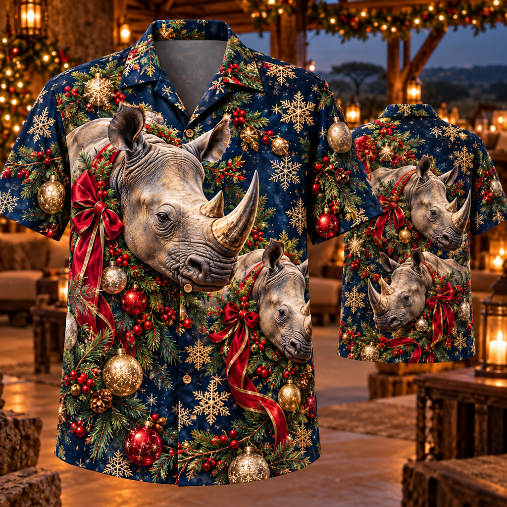 AlohaVero Christmas rhinos Hawaiian shirt, front and back views