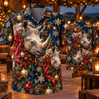 AlohaVero Christmas rhinos Hawaiian shirt, front and back views