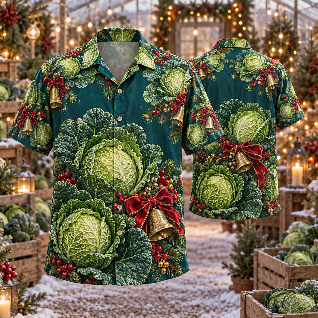 AlohaVero Christmas cabbages Hawaiian shirt, front and back views