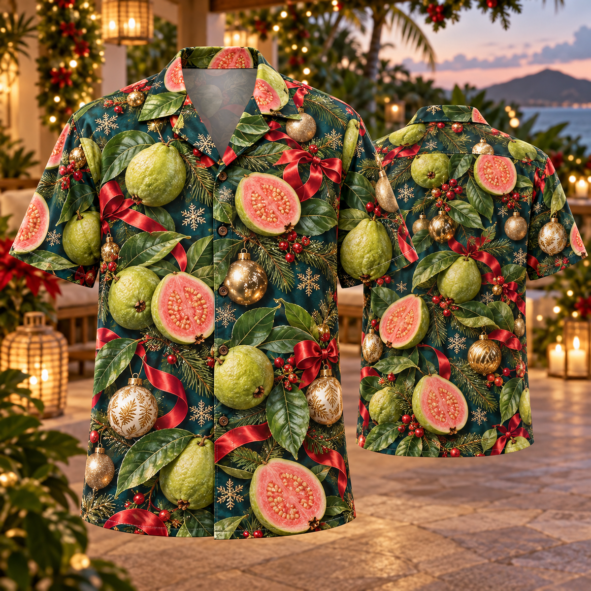 AlohaVero Christmas guavas Hawaiian shirt, front and back views
