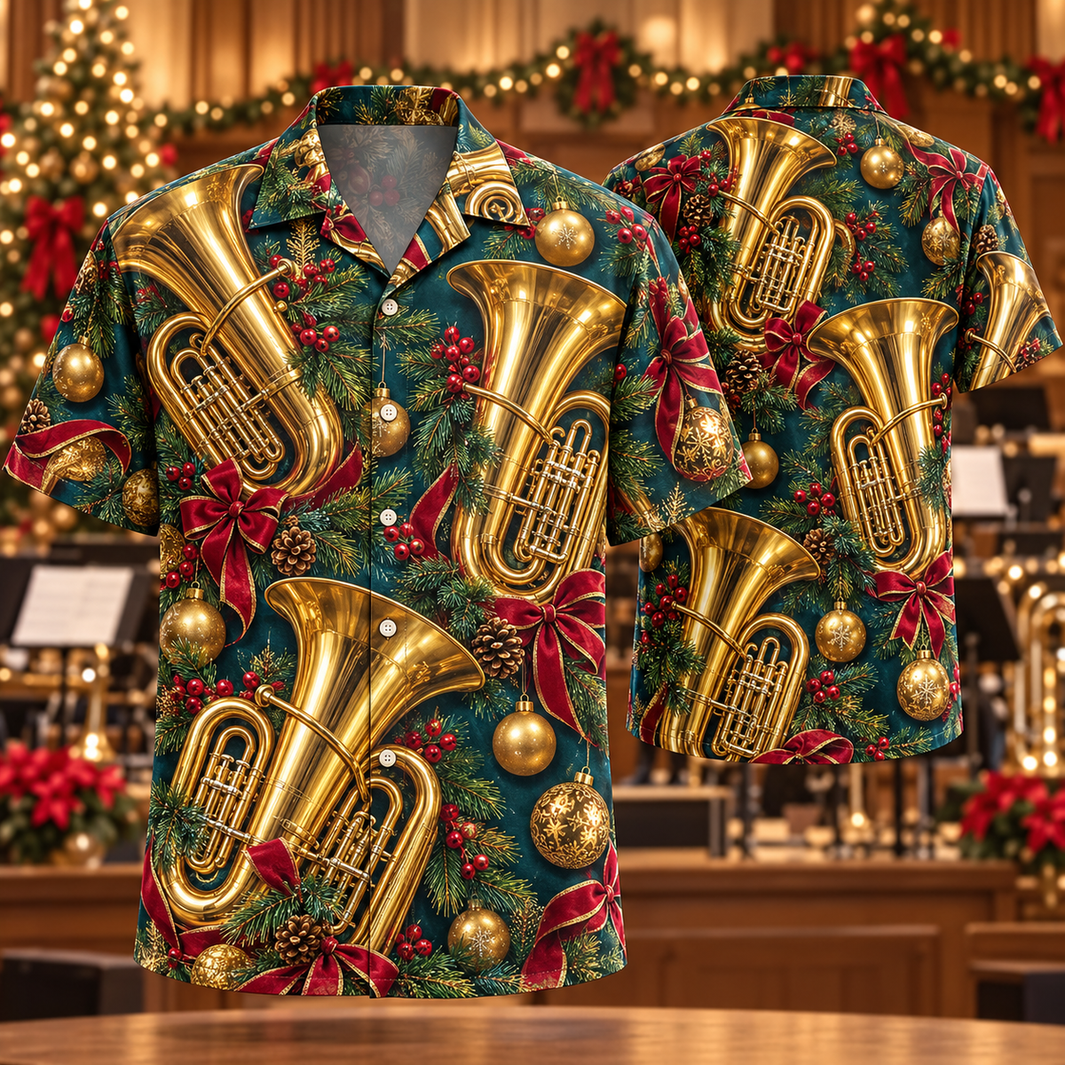 AlohaVero Christmas tubas Hawaiian shirt, front and back views