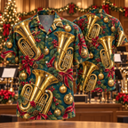 AlohaVero Christmas tubas Hawaiian shirt, front and back views