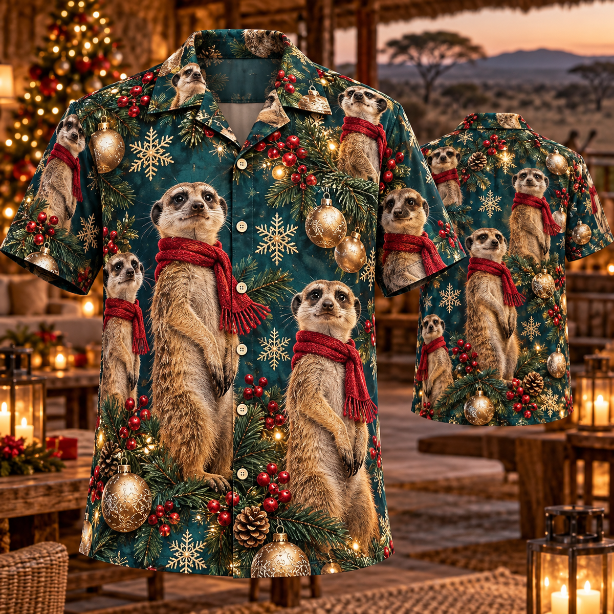 AlohaVero Christmas meerkats Hawaiian shirt, front and back views