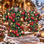 AlohaVero Christmas raspberries Hawaiian shirt, front and back views