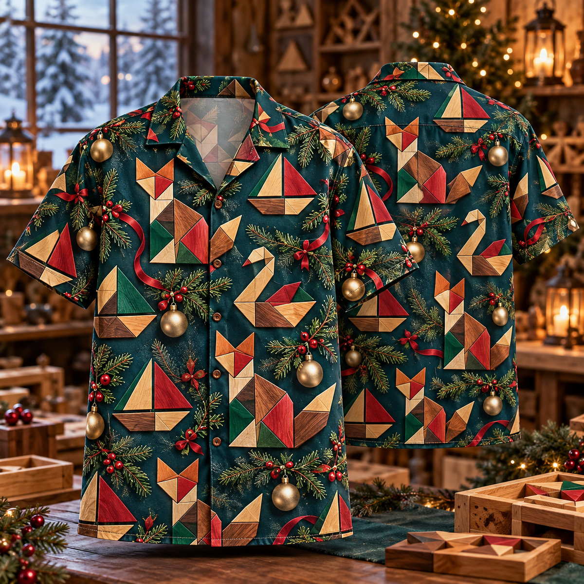AlohaVero Christmas tangrams Hawaiian shirt, front and back views