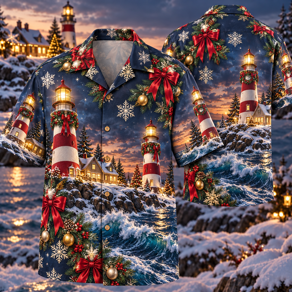 AlohaVero Christmas lighthouses Hawaiian shirt, front and back views
