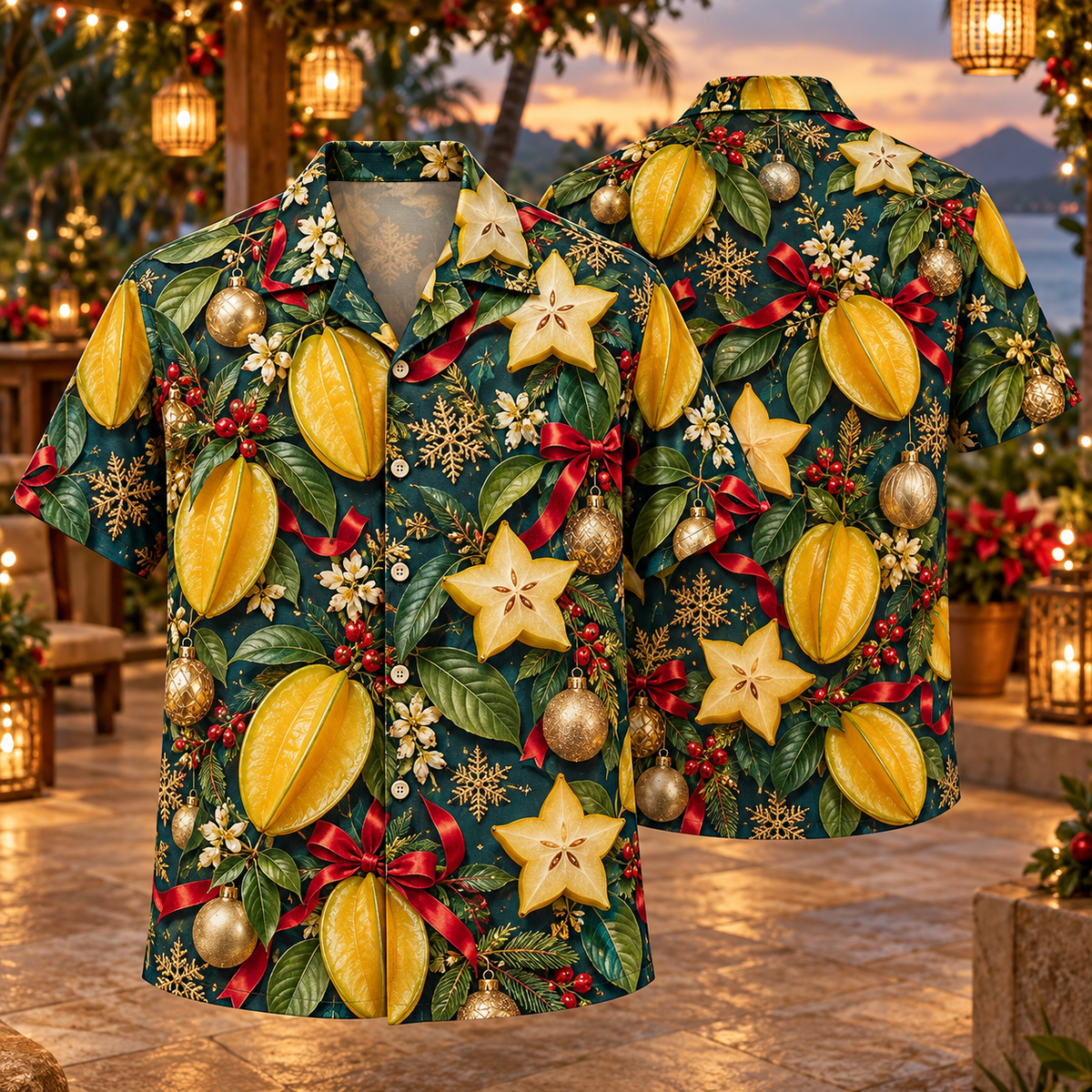 AlohaVero Christmas starfruit Hawaiian shirt, front and back views