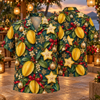 AlohaVero Christmas starfruit Hawaiian shirt, front and back views