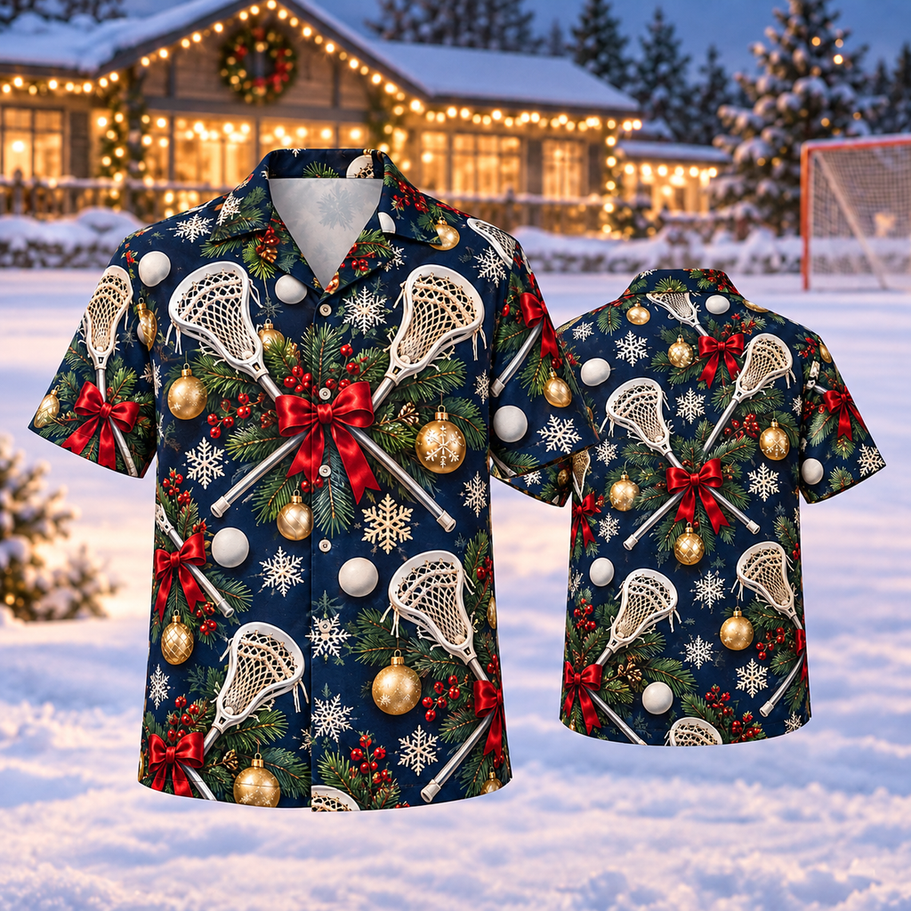 AlohaVero Christmas lacrosse Hawaiian shirt, front and back views