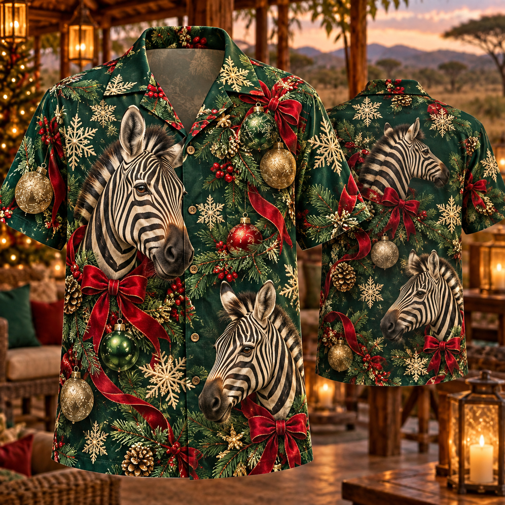 AlohaVero Christmas zebras Hawaiian shirt, front and back views