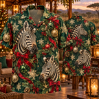 AlohaVero Christmas zebras Hawaiian shirt, front and back views