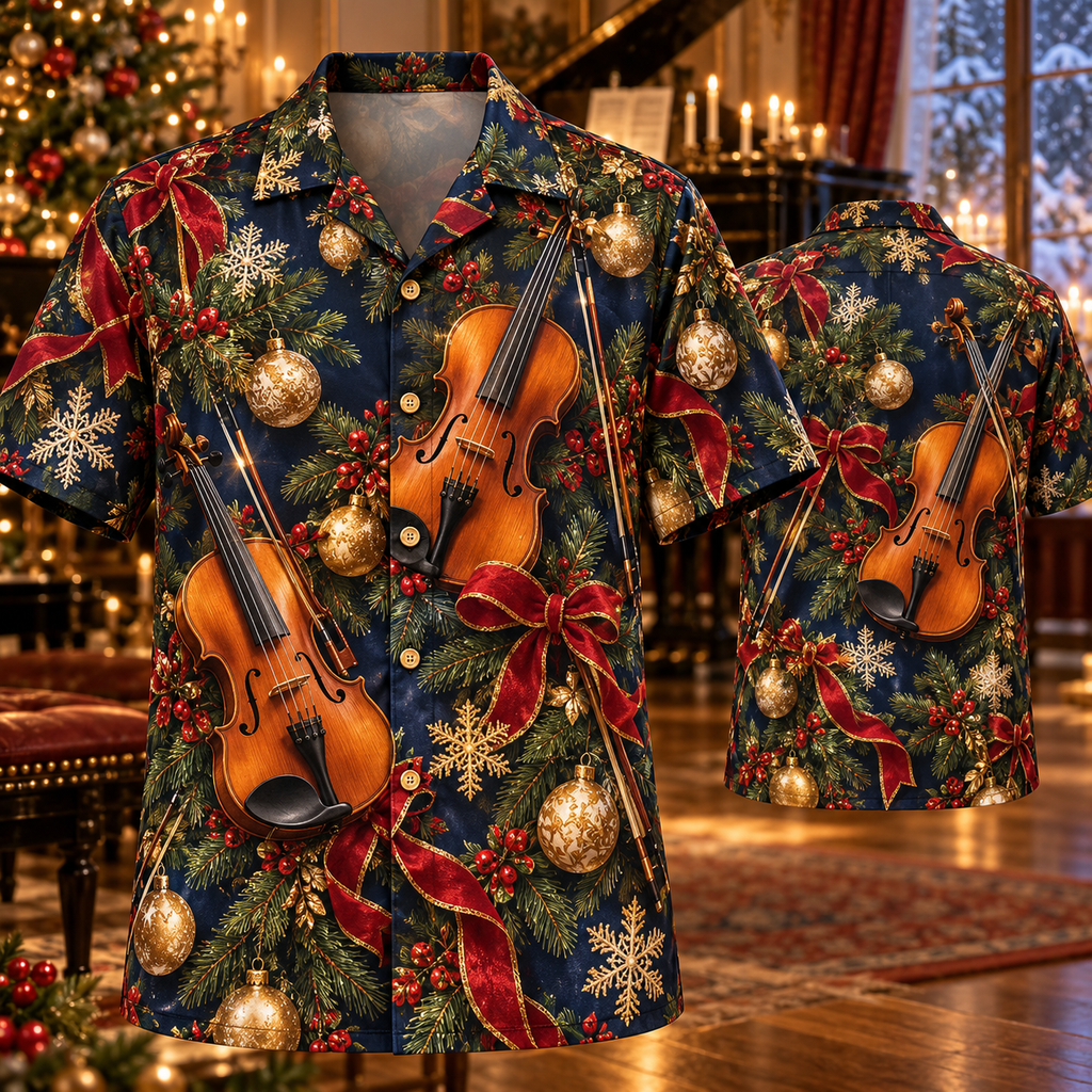 AlohaVero Christmas violin Hawaiian shirt, front and back views
